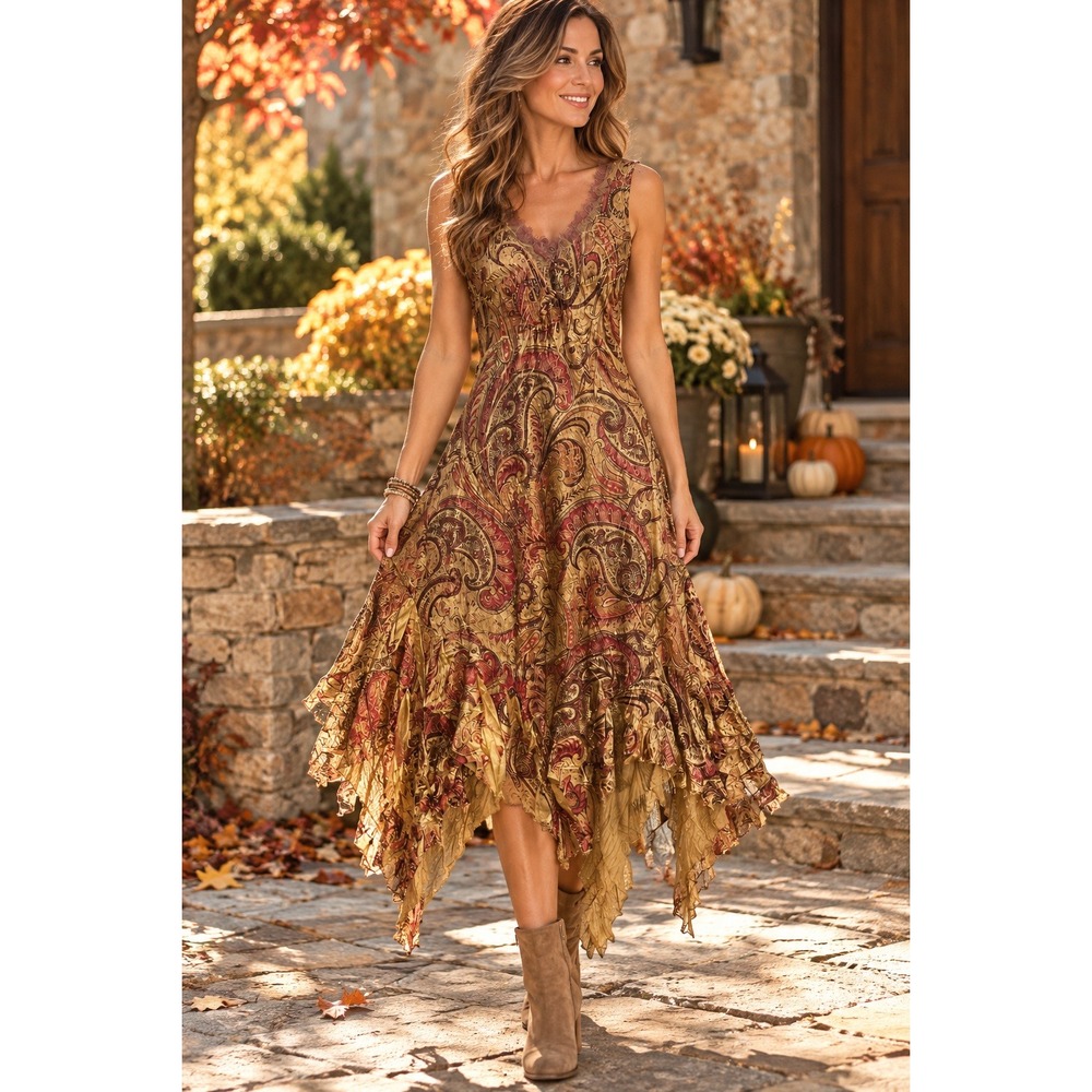 Komarov S Paisley Crinkle Dress Whimsigoth Boho Lace Handkerchief Hem Y2K